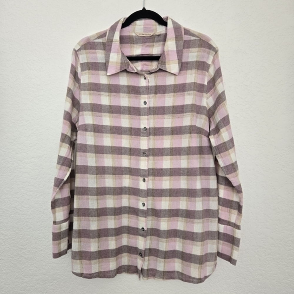 Soft Surroundings Pink Plaid Lace Up Back Crinkle‎ Button Front Shirt Womens 2X
